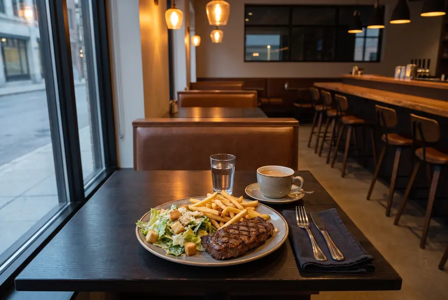 Generated illustration: a steak with fries and a Caesar salad on a dark table by a lounge window; not a photograph of the casino.